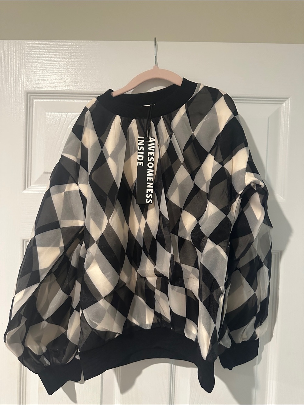 Kids Black & White Check Puff-Sleeve Bomber Sweatshirt